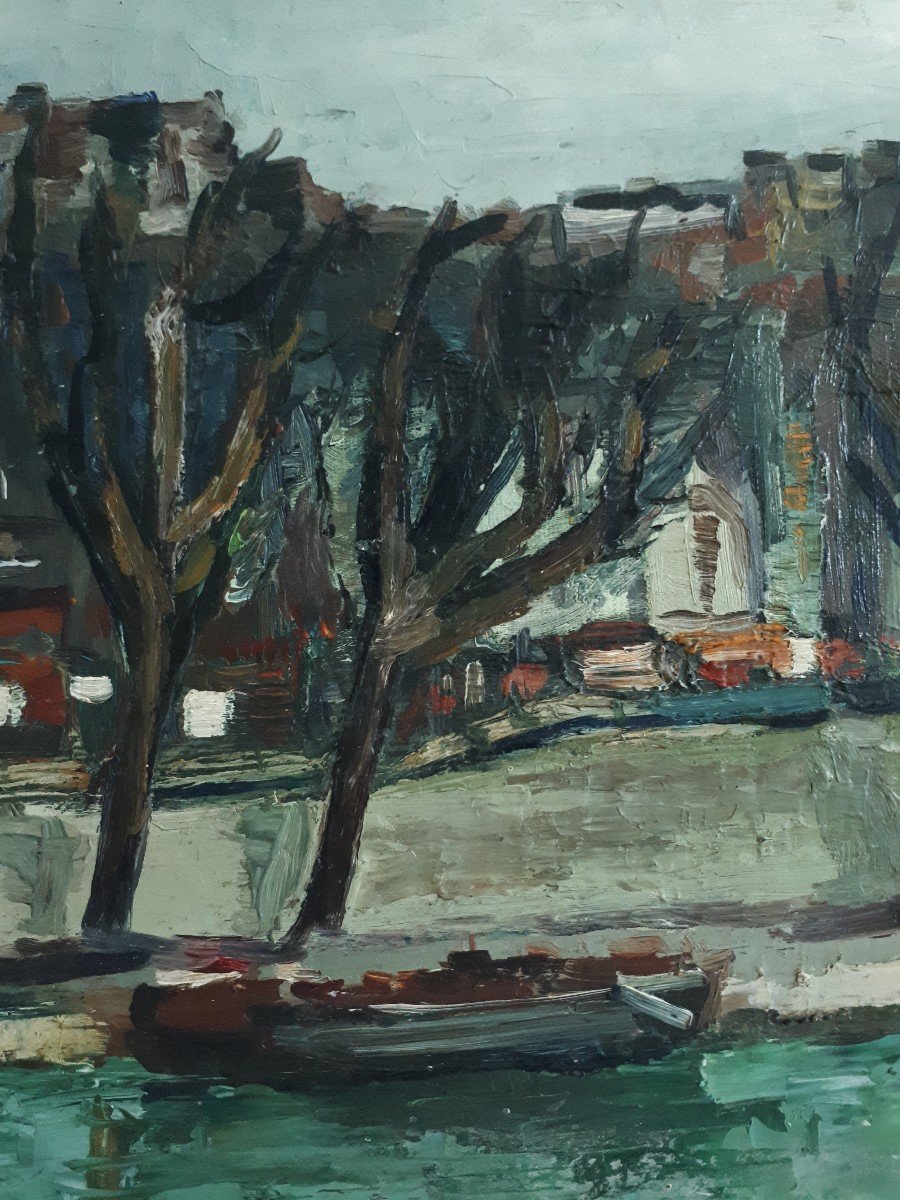 Tableau huile sur toile paysage fluvial fleuve péniche Candela 1954-photo-1