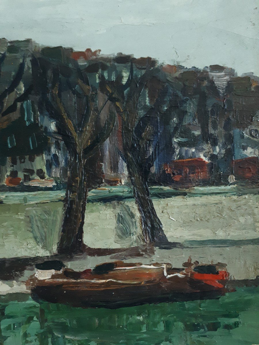 Tableau huile sur toile paysage fluvial fleuve péniche Candela 1954-photo-3