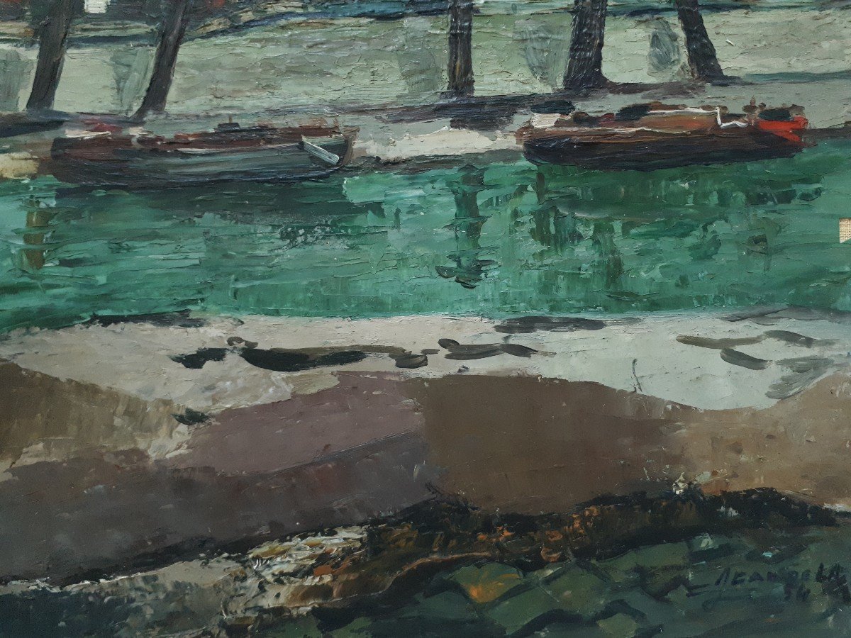 Tableau huile sur toile paysage fluvial fleuve péniche Candela 1954-photo-5