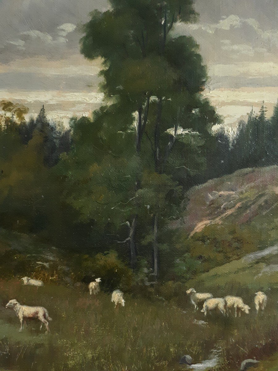 Claudius SEIGNOL (1858-1926) huile sur toile paysage moutons 1886 Ecole lyonnaise-photo-2