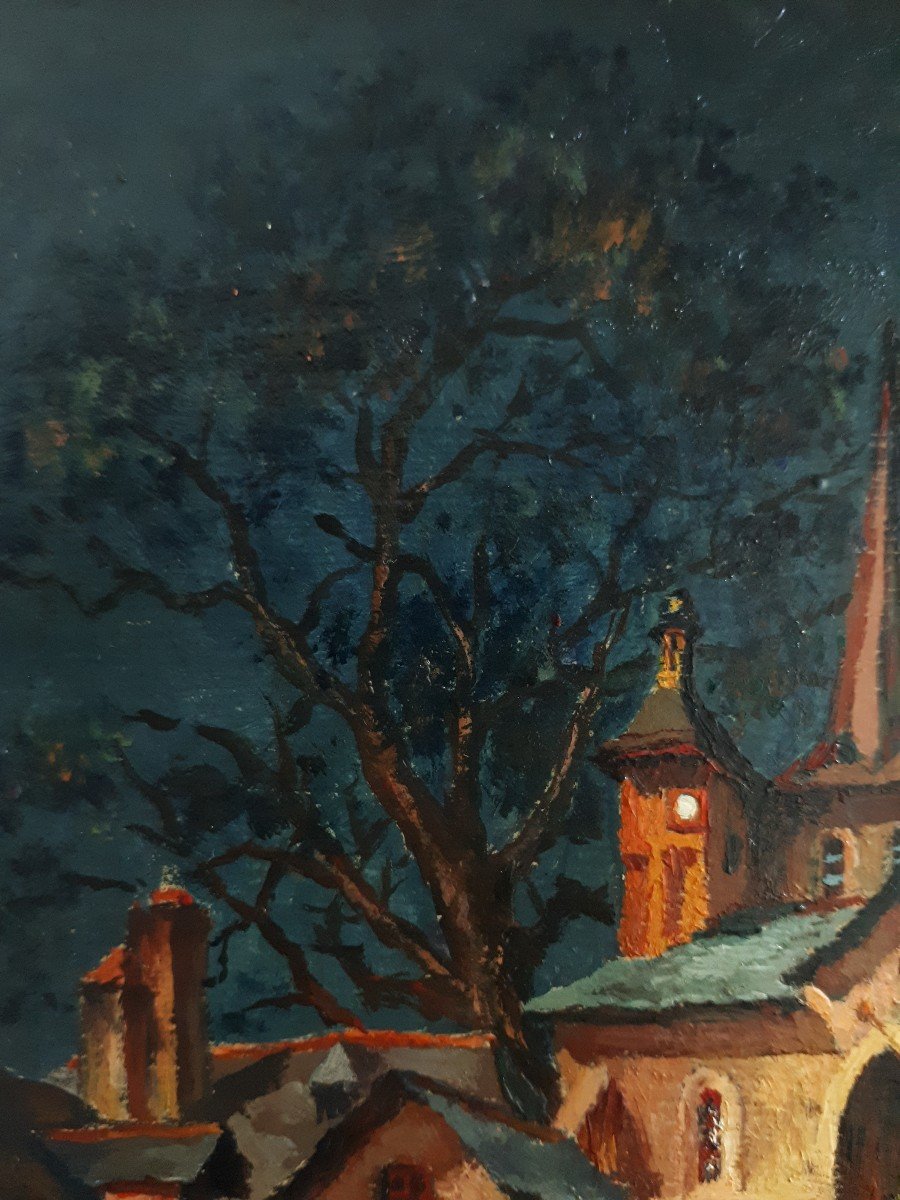 Charles PHILLIPE (1916-1993) huile sur panneau scène de village nocturne 1947-photo-3