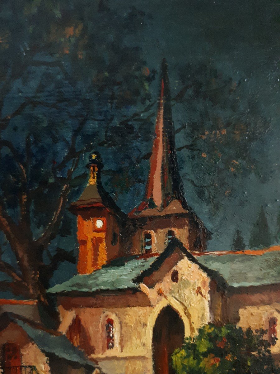 Charles PHILLIPE (1916-1993) huile sur panneau scène de village nocturne 1947-photo-4