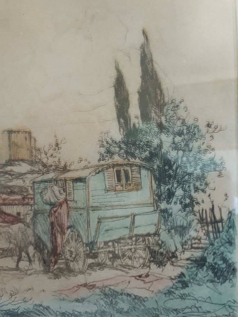 Armand Coussens (1881-1935) Gypsy Trailer Engraving-photo-1