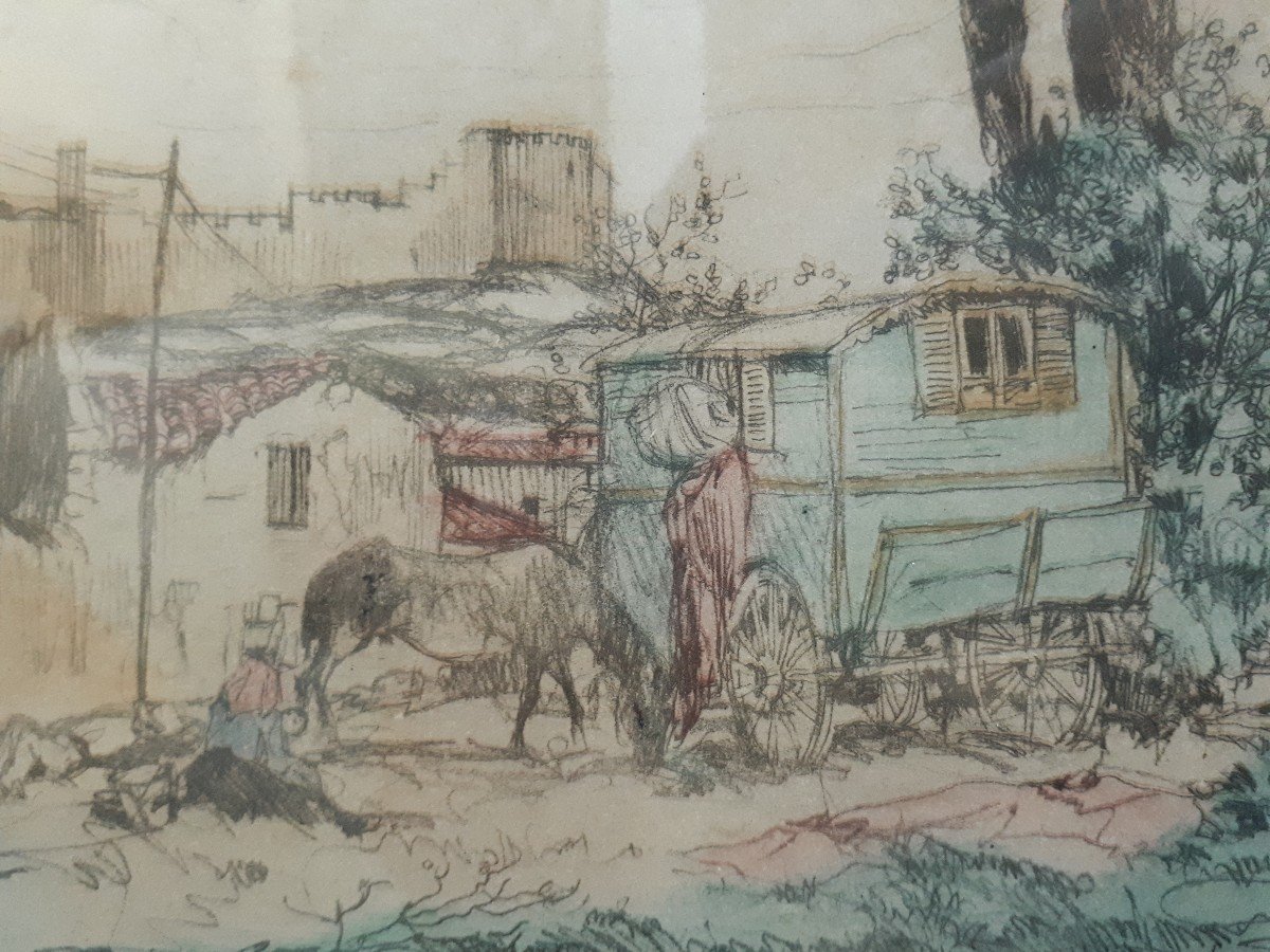 Armand Coussens (1881-1935) Gypsy Trailer Engraving-photo-3