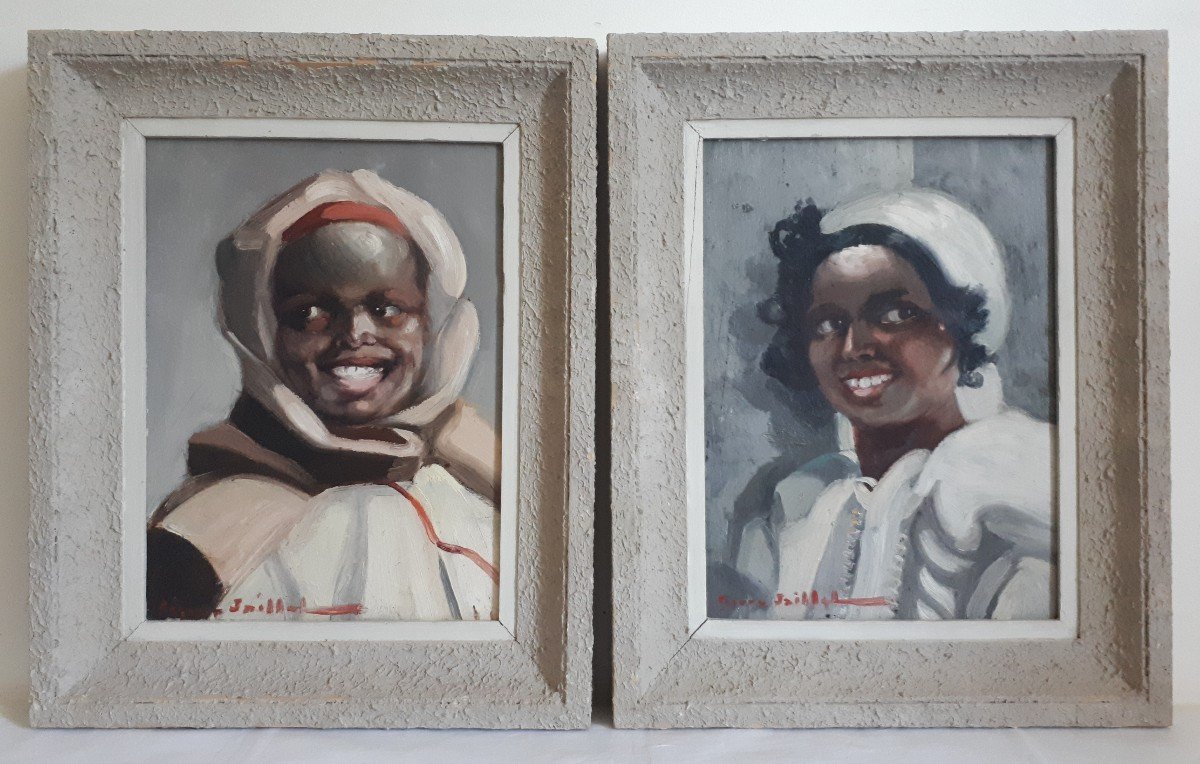 Pierre JAILLET (1893-1957) paire huiles sur panneau portraits enfants orientalisme africanisme