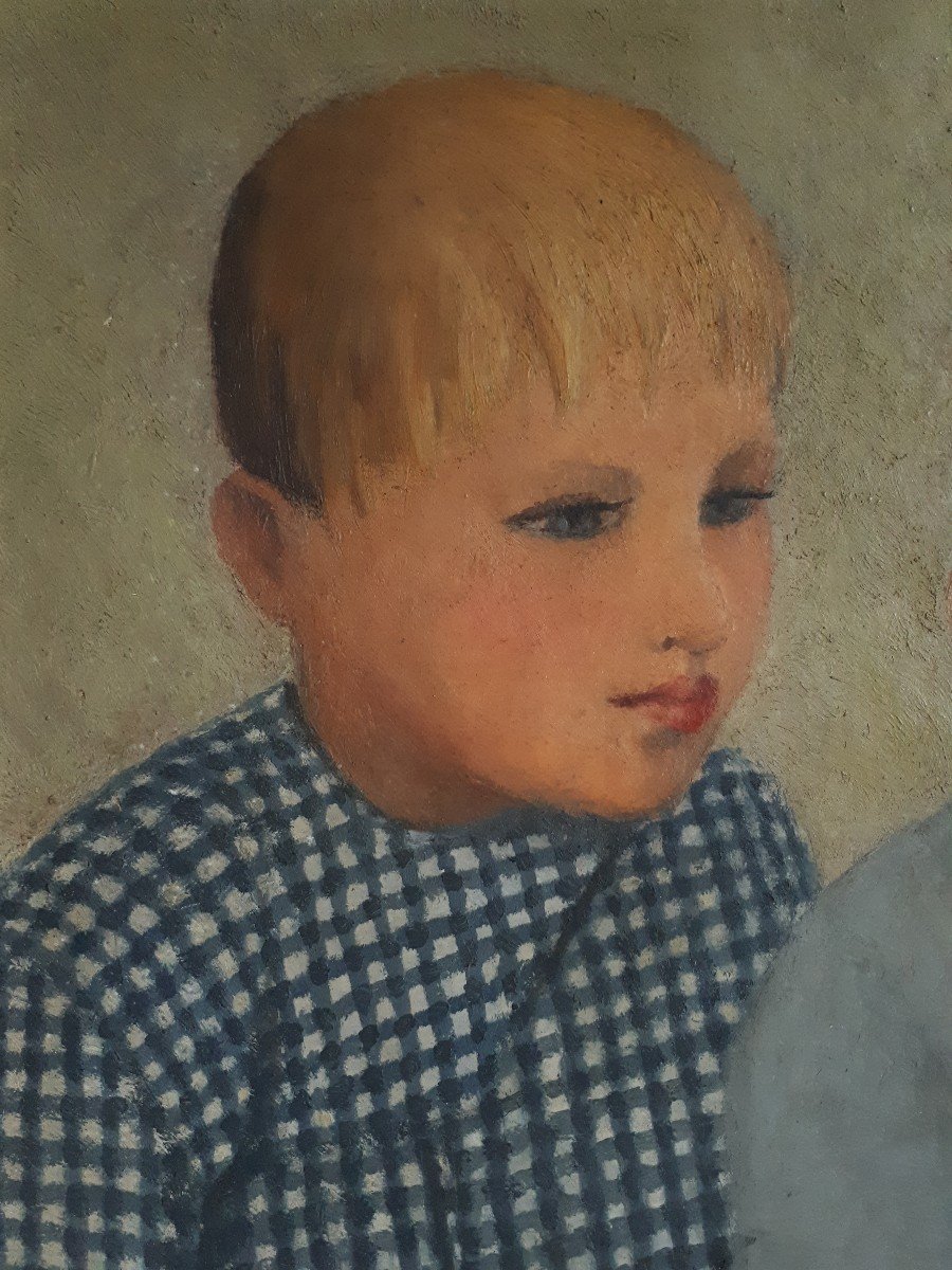 Tableau huile sur toile portrait enfants R. DE GENDT 1ère moitié XXème-photo-2