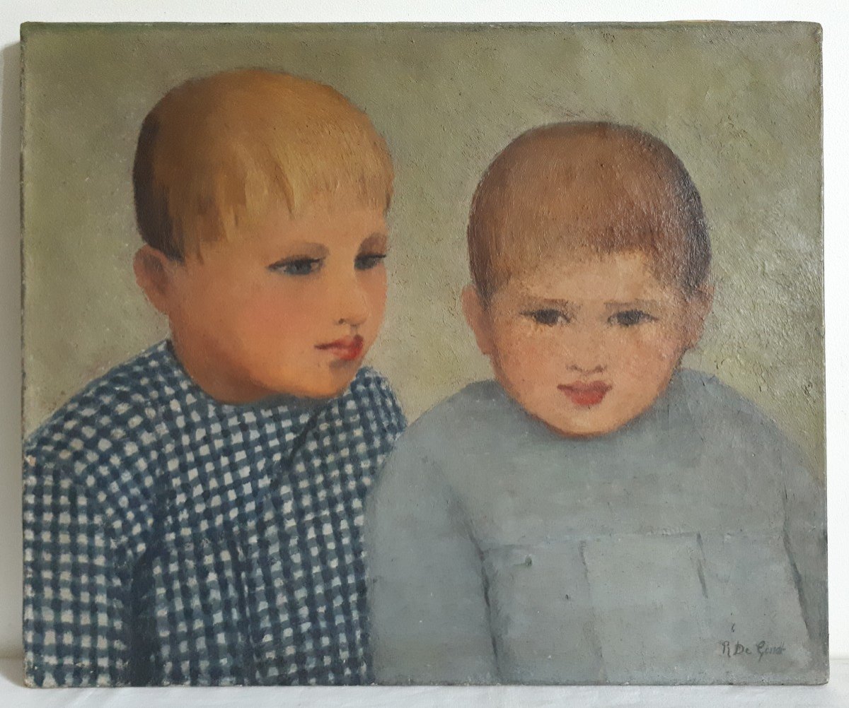 Tableau huile sur toile portrait enfants R. DE GENDT 1ère moitié XXème