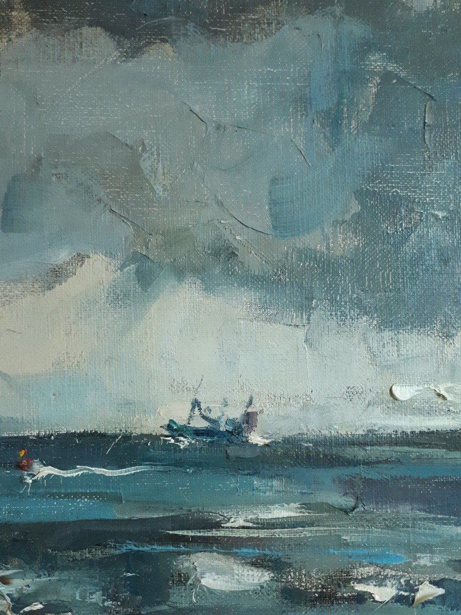 Achiel Lombaert (1911-1990) Oil On Canvas Marine Seaside Boats-photo-2