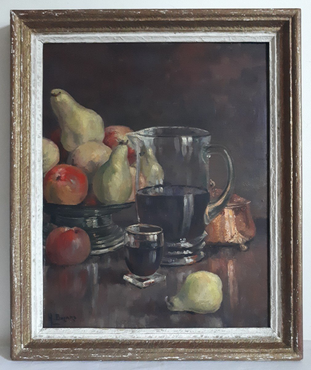 Pair Of Paintings Oil On Wood Still Life With Fruits Apples Pears H. Bolard-photo-2