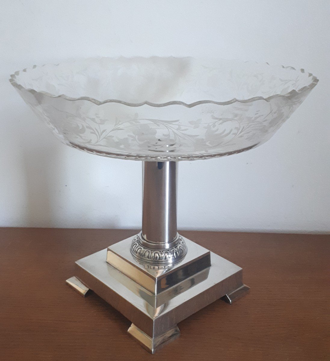 Centre de table coupe sur pied métal argenté et cristal 1930 Art Déco-photo-2