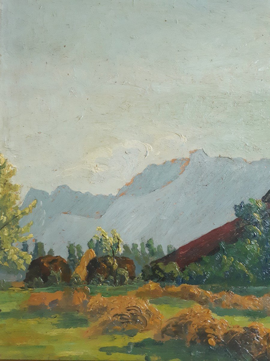 Tableau huile sur panneau paysage de campagne fenaison R. RAMUS 1926-photo-2