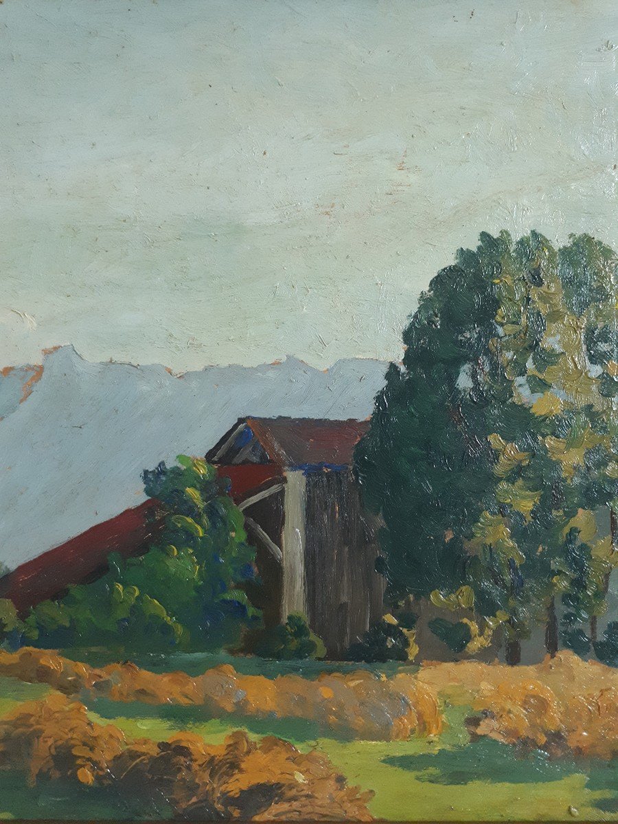 Tableau huile sur panneau paysage de campagne fenaison R. RAMUS 1926-photo-3