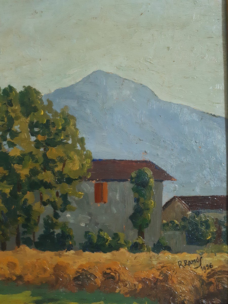 Tableau huile sur panneau paysage de campagne fenaison R. RAMUS 1926-photo-4