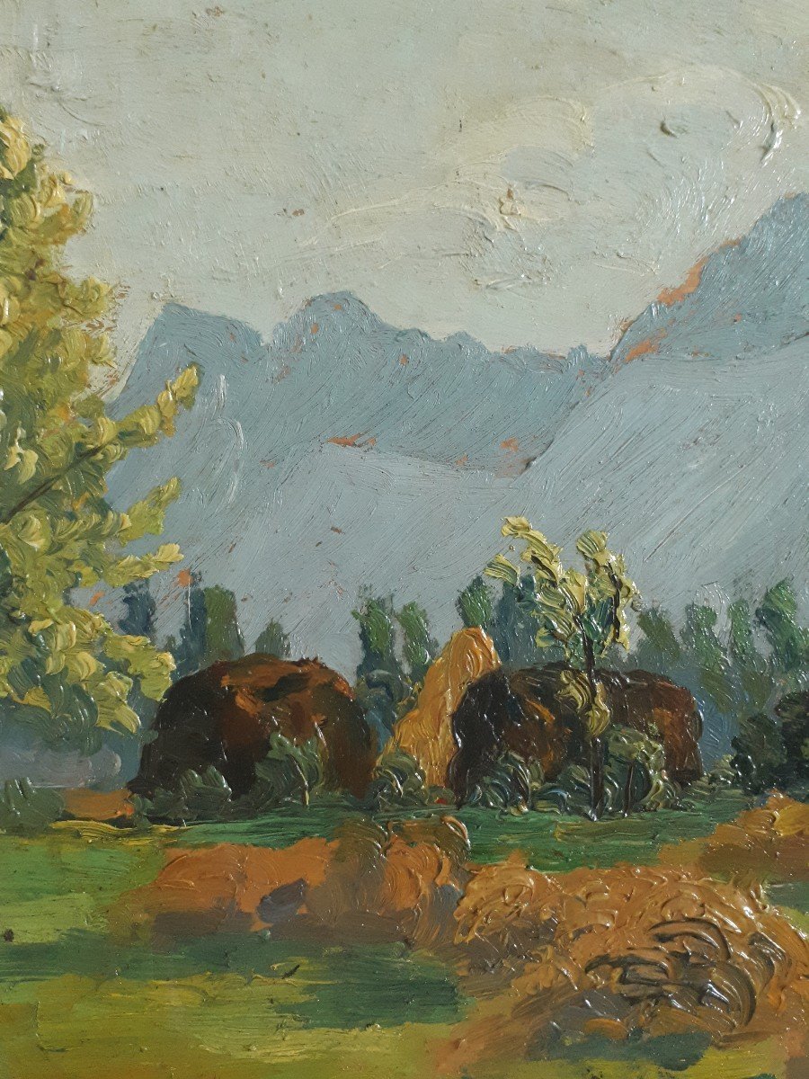 Tableau huile sur panneau paysage de campagne fenaison R. RAMUS 1926-photo-1