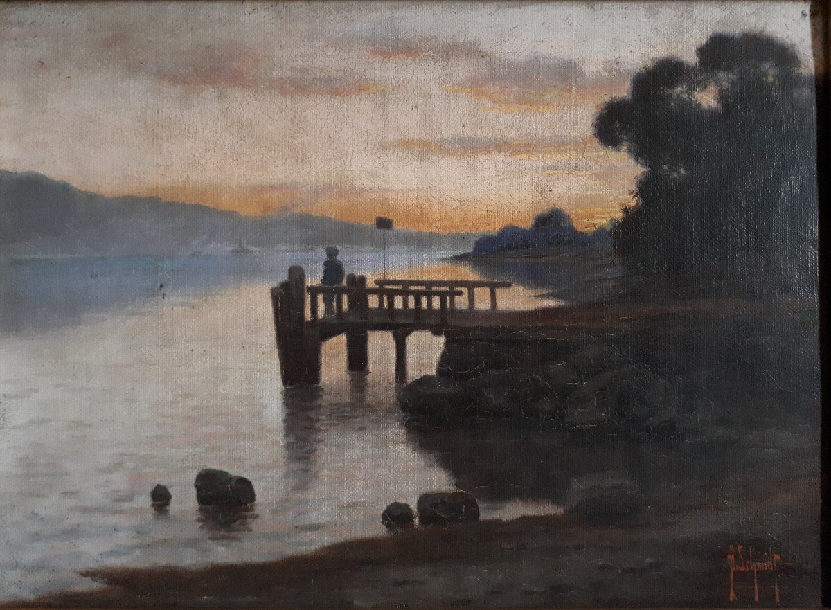 Tableau huile sur toile paysage lacustre au crépuscule H. SCHMIDT fin 19ème-photo-2