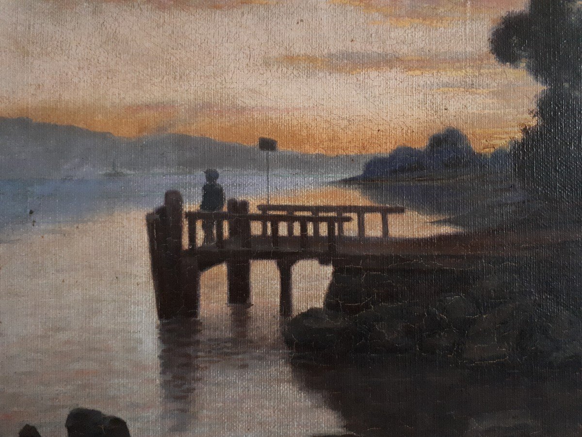 Painting Oil On Canvas Lake Landscape At Dusk H. Schmidt Late 19th-photo-3