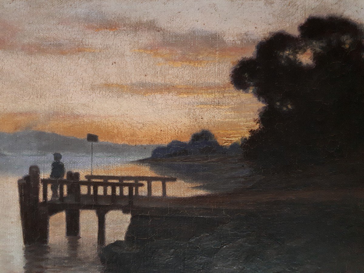Tableau huile sur toile paysage lacustre au crépuscule H. SCHMIDT fin 19ème-photo-4