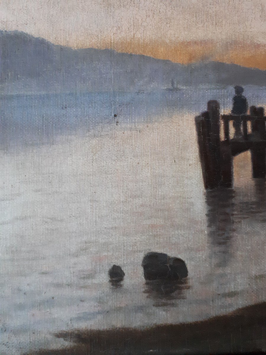 Painting Oil On Canvas Lake Landscape At Dusk H. Schmidt Late 19th-photo-5