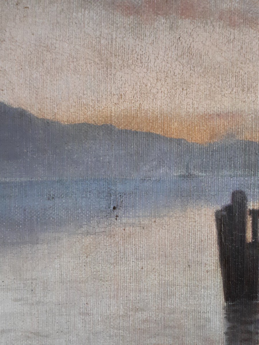 Tableau huile sur toile paysage lacustre au crépuscule H. SCHMIDT fin 19ème-photo-6