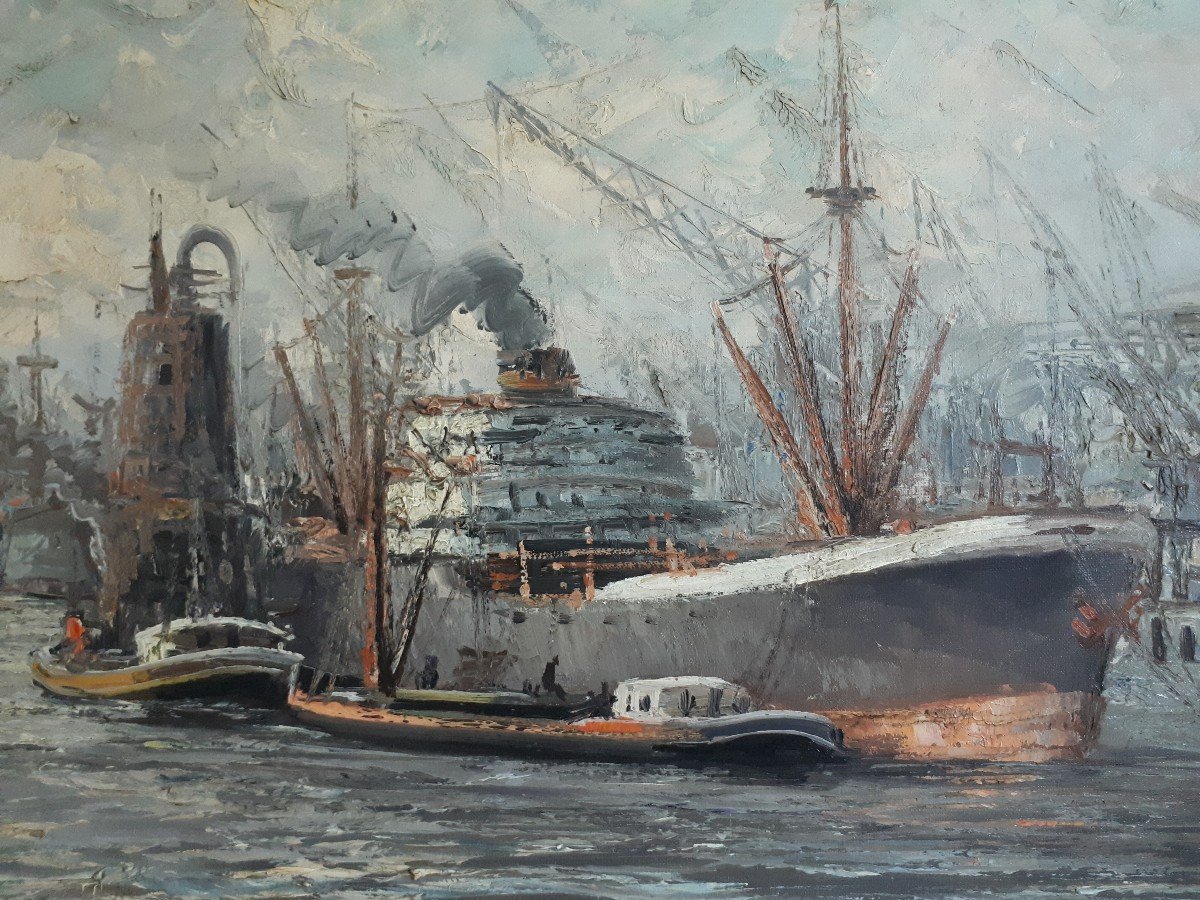 Tableau huile sur toile marine port bateaux Otto Waals-photo-2