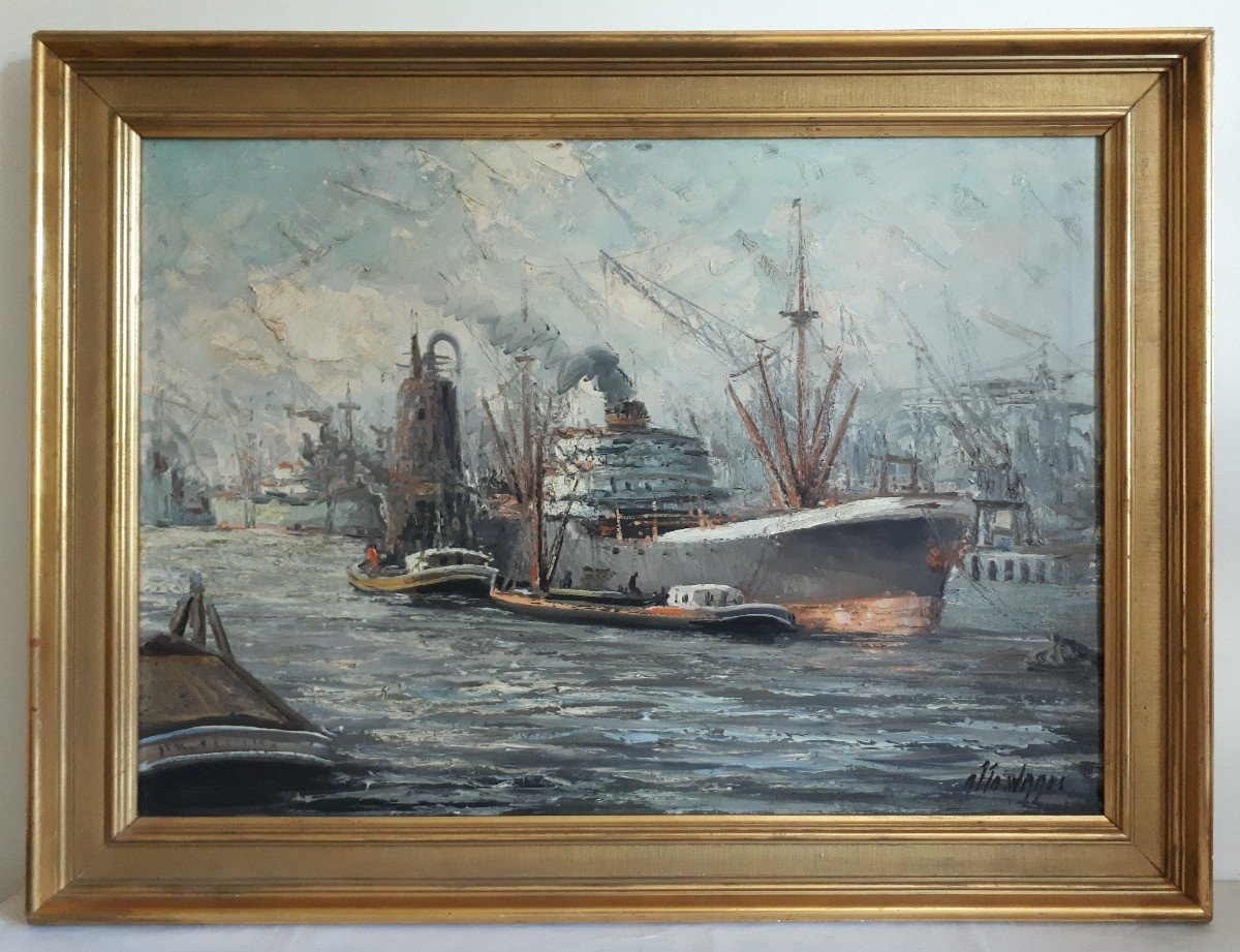 Tableau huile sur toile marine port bateaux Otto Waals