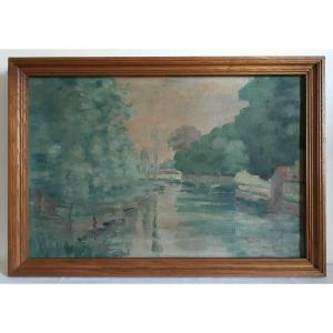 Tableau huile sur toile paysage rivière pêcheurs début XXème