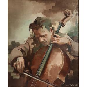 Jean d'ESPARBES (1899-1968) portrait de musicien violoncelliste huile sur toile