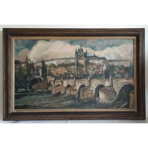 Ondine MAGNARD-VLACH  (1904-1968) vue de Prague le pont Charles huile sur toile