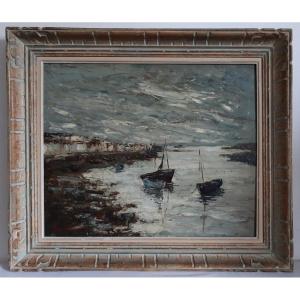 Robert Van Cleef (1914-?) Oil On Panel Seascape Seascape Seaside Boats