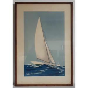 Georges Fouillé (1909-1994) voiliers en mer lithographie estampe 
