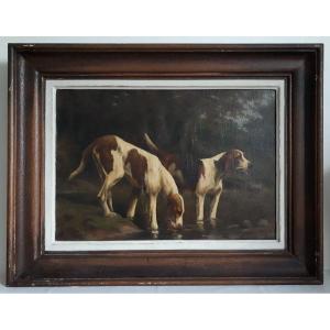 M. Guillebert Oil On Canvas Portrait Hunting Dogs Braques Saint-germain