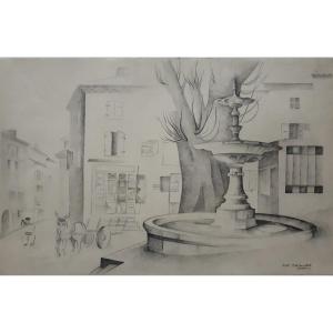 Guy Marandet (1917-2011) Drawing View Of Sauzet Drôme 1941
