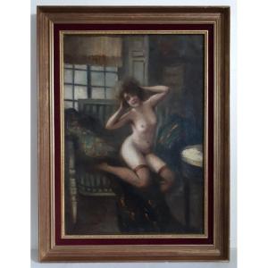 E. CARDINAL nu féminin dans un intérieur femme nue huile sur toile 1914