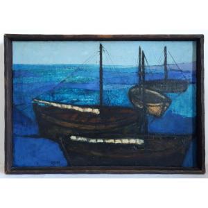 René Cazassus (born In 1932) Oil On Canvas Seascape Boats