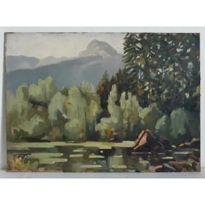 Pierre Roig Oil On Panel Lake Landscape School Lyonnaise