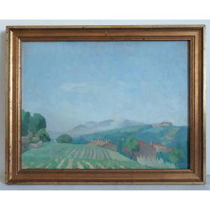 Painting Oil On Wood Hilly Countryside Landscape