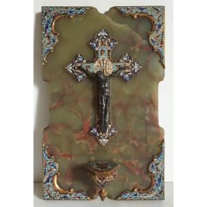 Font Crucifix Bronze Partitioned Enamel Onyx 19th