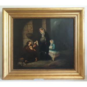 Blanche BOUVIER huile sur toile scène de mendicité 1863 19ème cadre bois doré