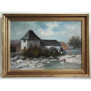 Paul Vivien Oil On Canvas Landscape Water Mill Washerwoman