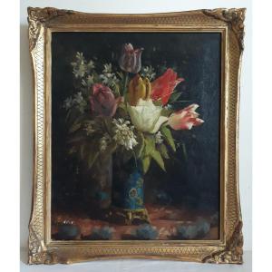 Henri Darbois (1865-1941) Oil On Canvas Still Life With Tulip Flowers 19th 1892