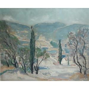 Oil On Panel Hilly Landscape J. Couturier