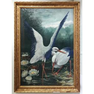 Heinrick Hoppe Animal Painter Oil On Canvas Storks 1908