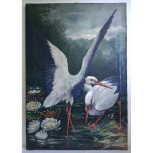 Henrick HOPPE peintre animalier huile sur toile cigognes 1908