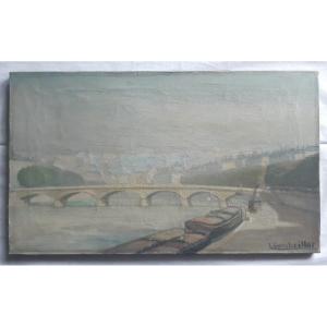 Oil On Canvas L. Cambrillat View Of Lyon The Pont Du Change Quays Of The Saône Barges