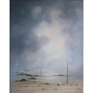 Pierre Preux (born In 1935) Oil On Canvas Seascape Stormy Seascape