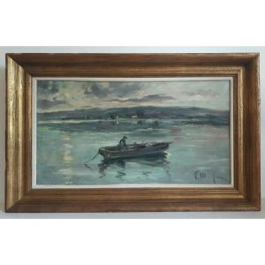 Oil On Canvas Marine Seascape At Dusk Boat Late 19th Impressionism