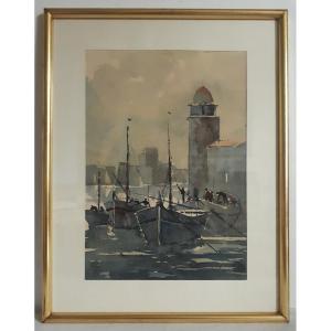 Watercolor - Collioure Le Port - Marine Seascape Boats (signed)