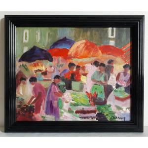 Jean Latour (1907-1973) Market Scene Oil On Panel