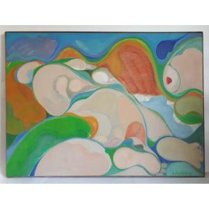 Karin Grotkop Large Oil On Canvas Female Nude Abstract 1973