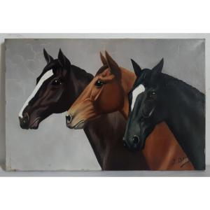 Oil On Canvas Portrait Of Horses Horse J. David